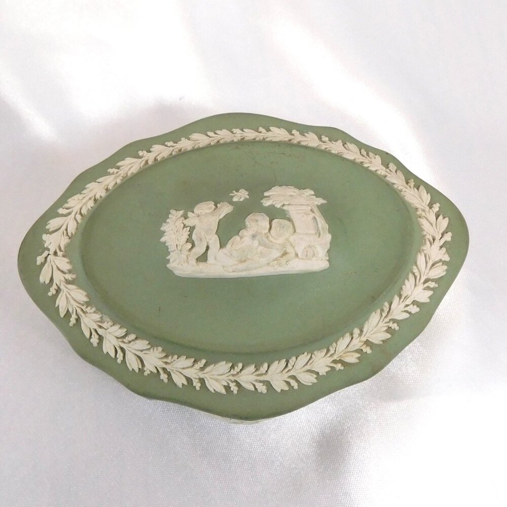 Wedgwood Japerware Celedon Oval Covered Trinket Box # 25437